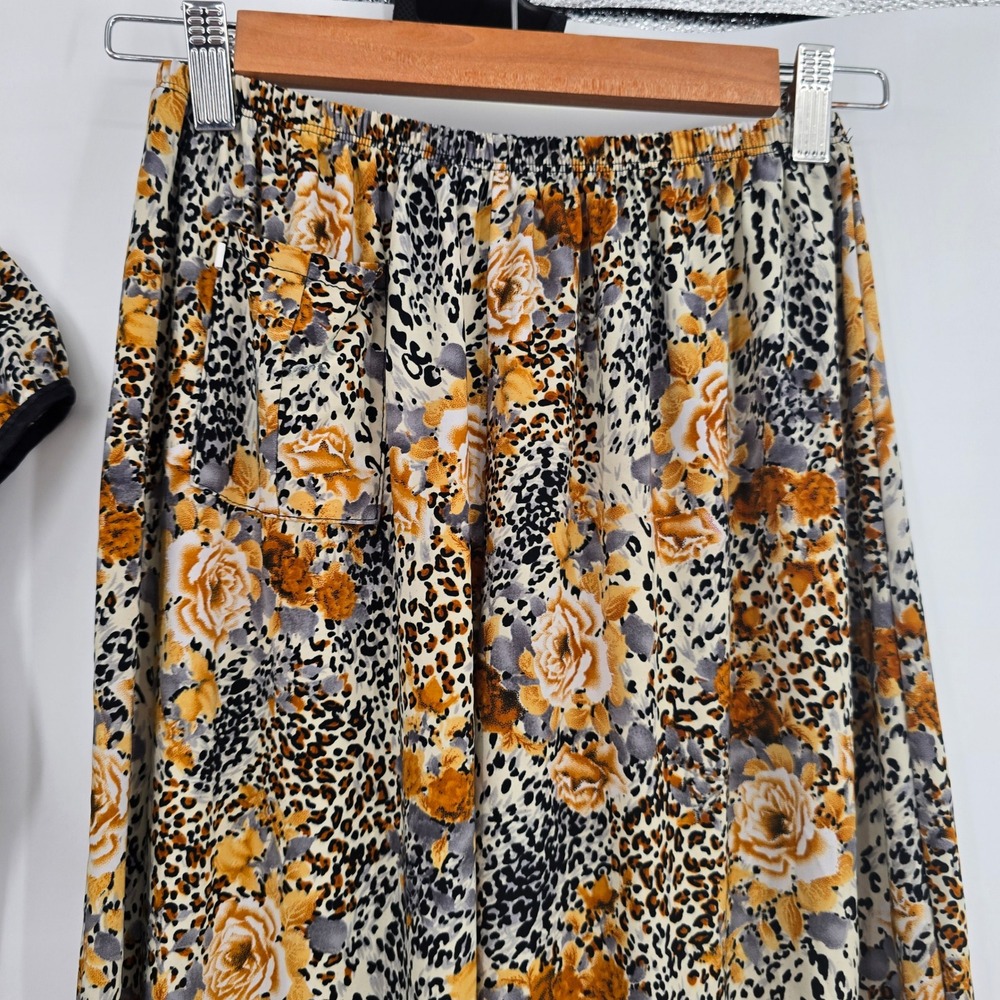 Womens Leopard Floral 2 Piece Lounge Set V-Neck Tunic Wide Leg Pants Tan Yellow - Picture 5 of 10